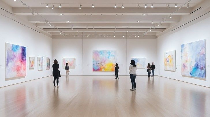 Visitors viewing colorful abstract paintings in a spacious modern gallery