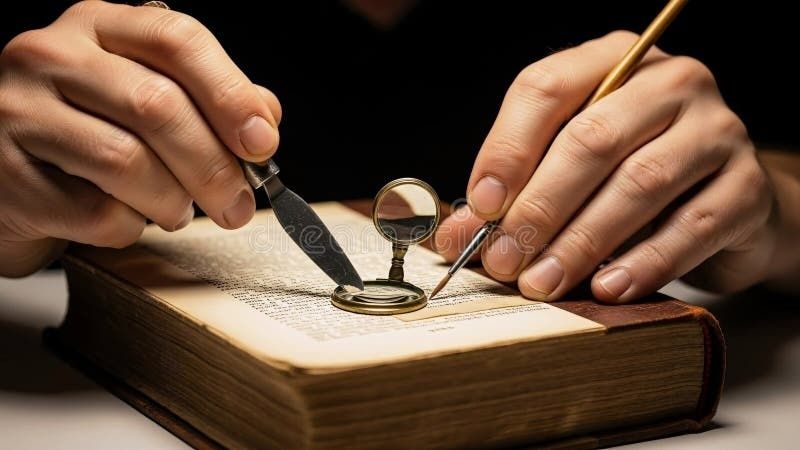 Hands examining an old book with tools and a magnifying glass